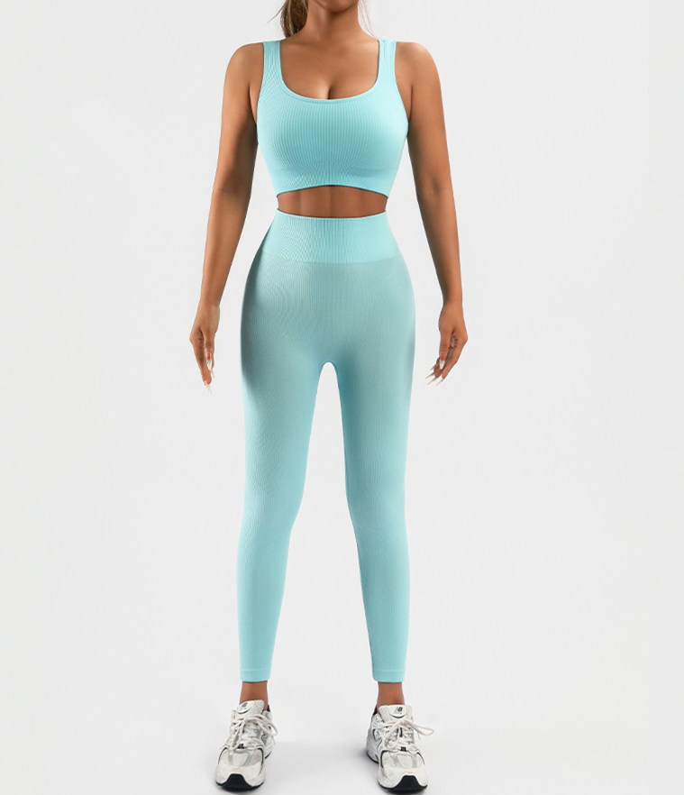 Women's Workout Outfits Ribbed Tank 2 Piece Seamless High Waist Gym Outfit Yoga 