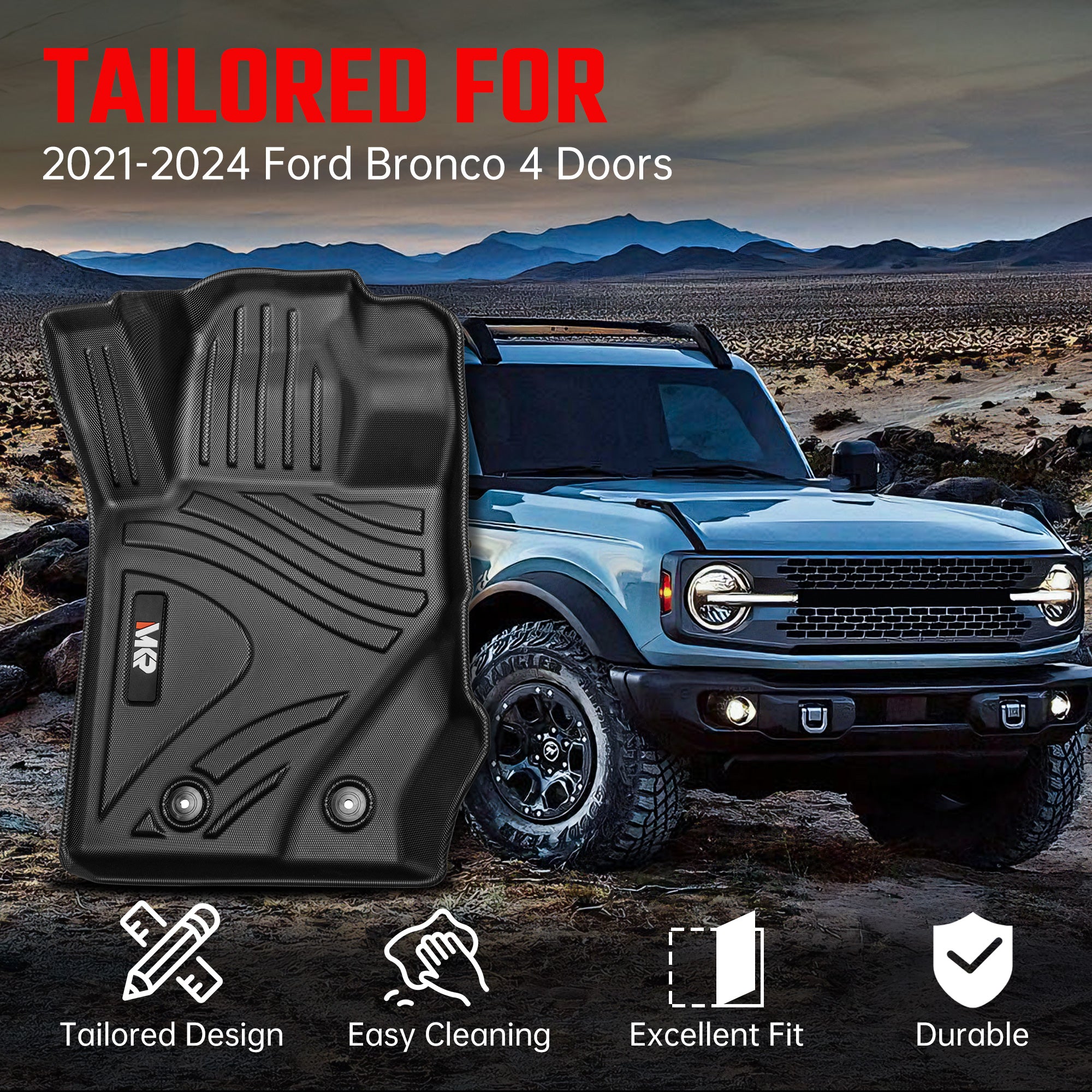 MKR Car Floor Mats For 2021-2023 Ford Bronco 4 Doors 3D TPE All-Weather Floor Ma