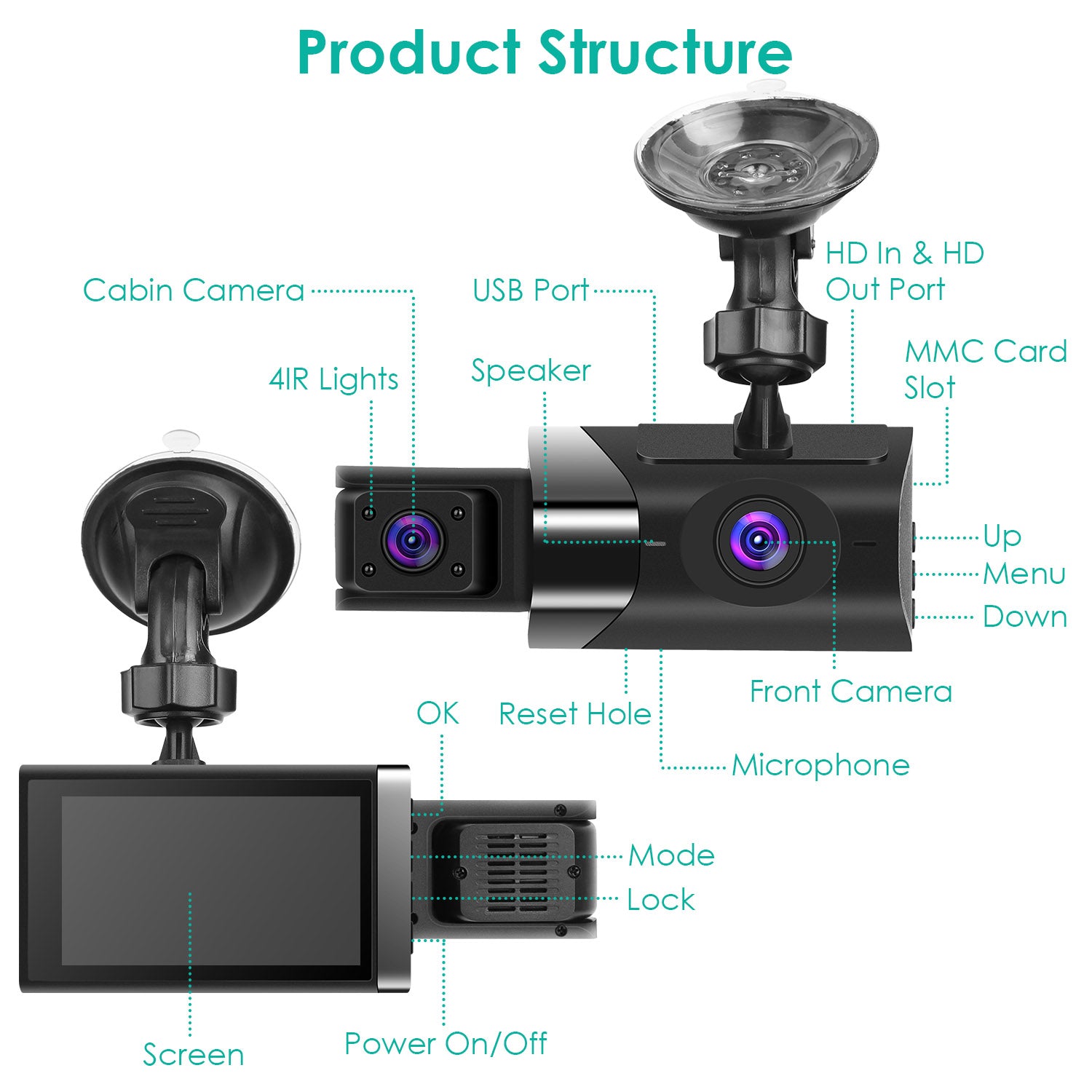 2K Car DVR 3 Channel Dash Cam Camcorder Camera Recorder With 140 Degree Angle GP