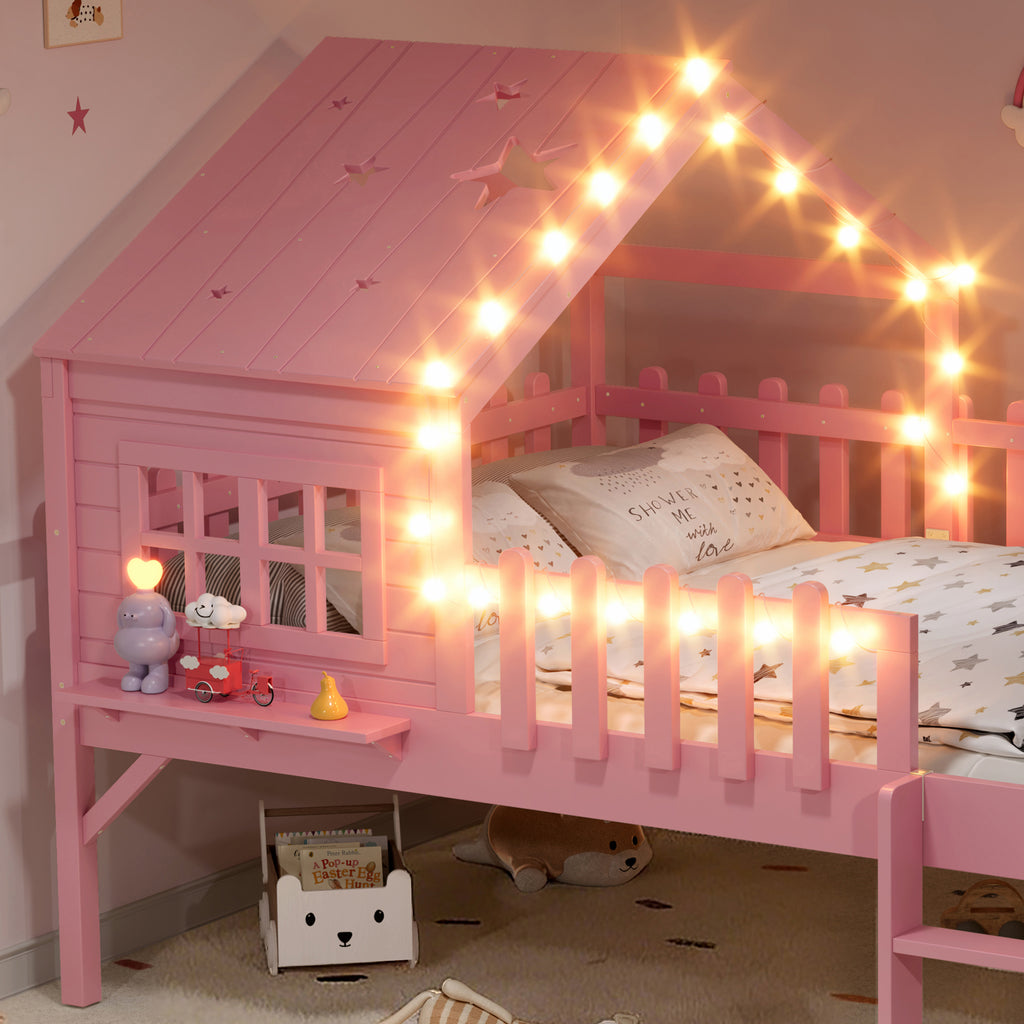 Full  Size House Loft Bed With Slide,Playhouse Bed With Star-shaped Designs And 