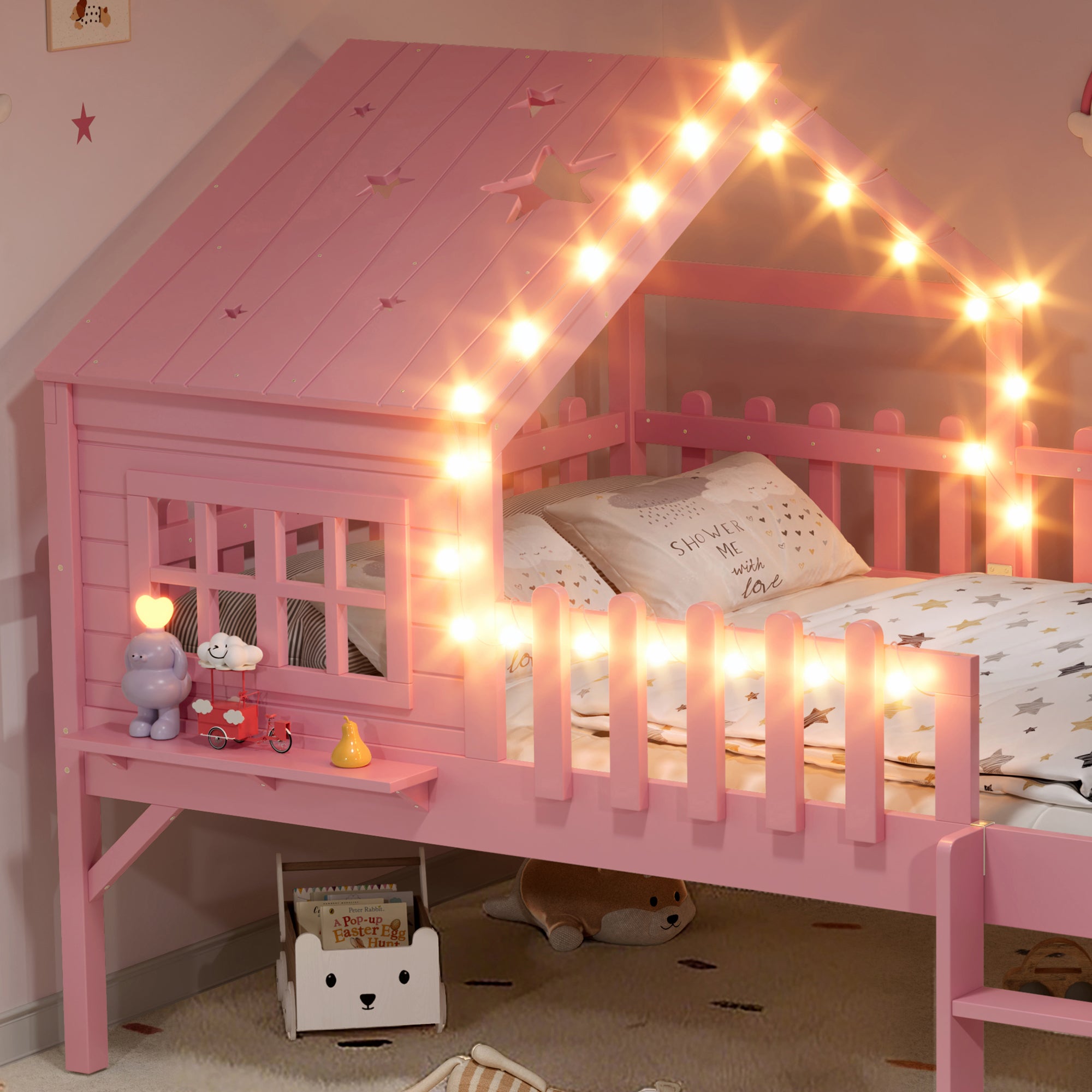 Full  Size House Loft Bed With Slide,Playhouse Bed With Star-shaped Designs And 