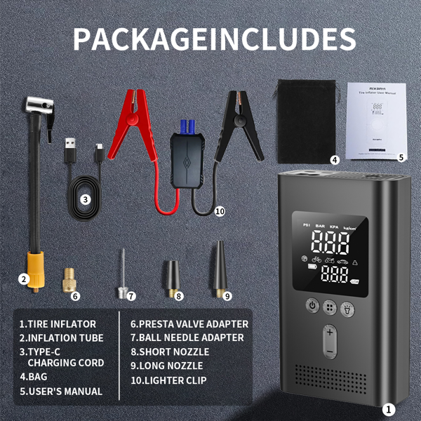 Portable Car Starter With Air Compressor,150PSI Digital Tire Inflator,Car Batter