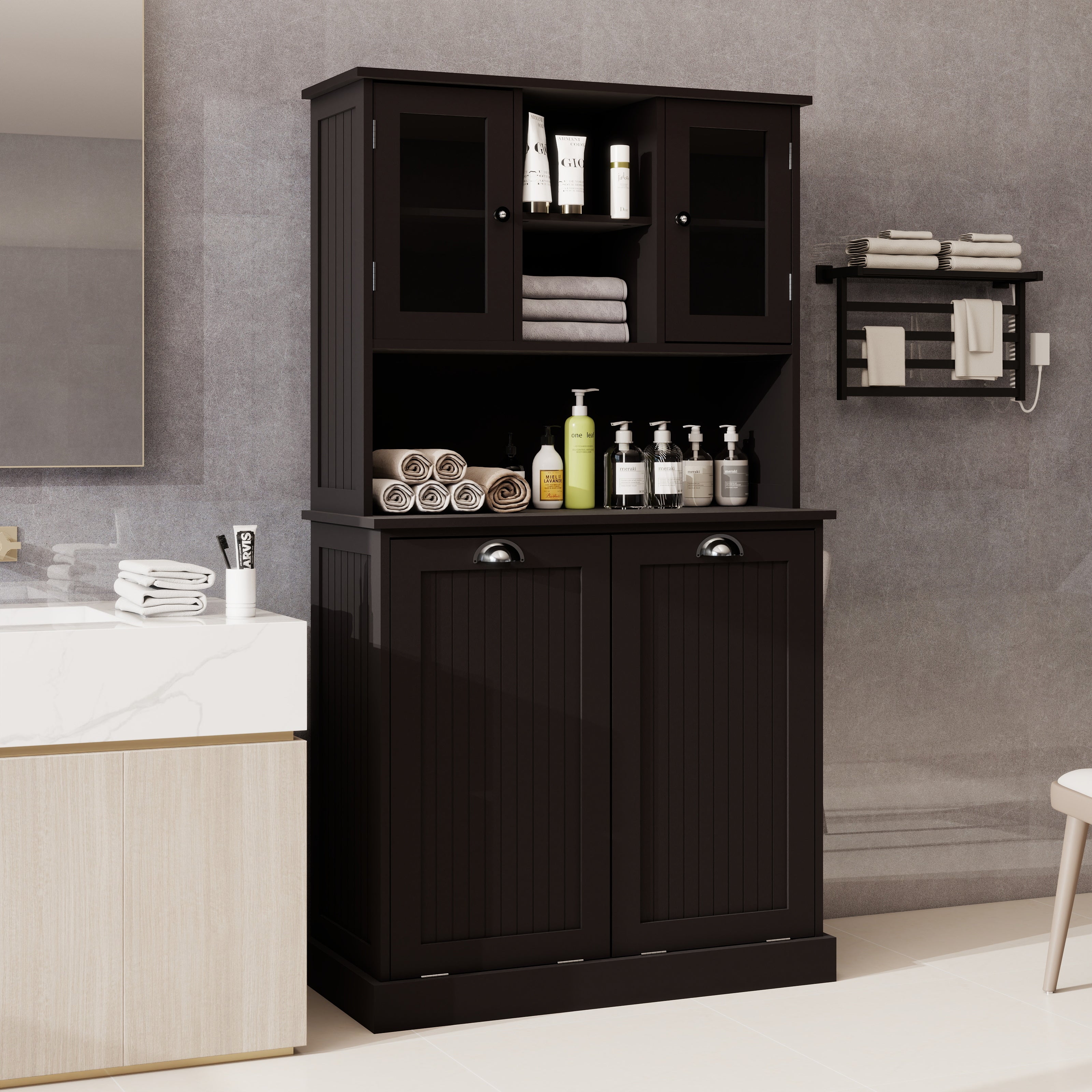 Two-Compartment Tilt-Out Dirty Laundry Basket Tall Bathroom Cabinet With 2 Adjus