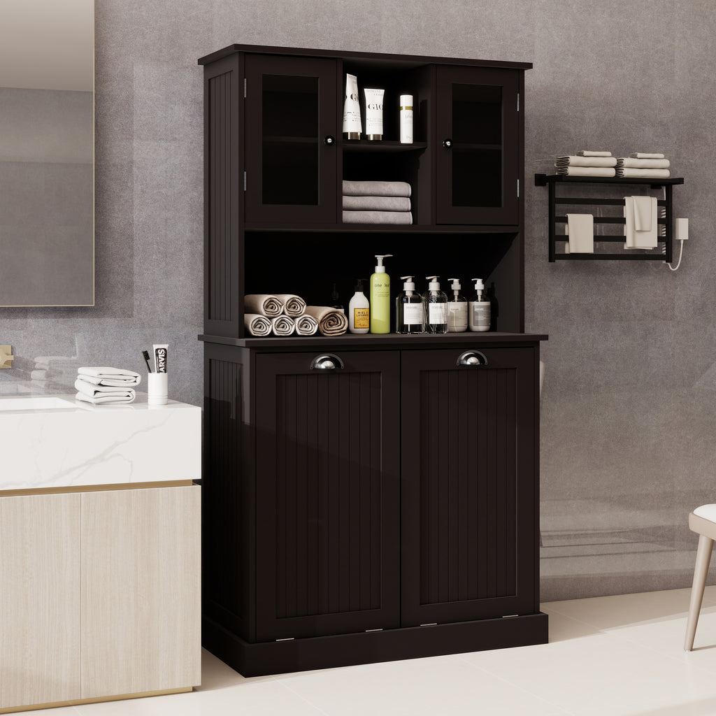 Two-Compartment Tilt-Out Dirty Laundry Basket Tall Bathroom Cabinet With 2 Adjus