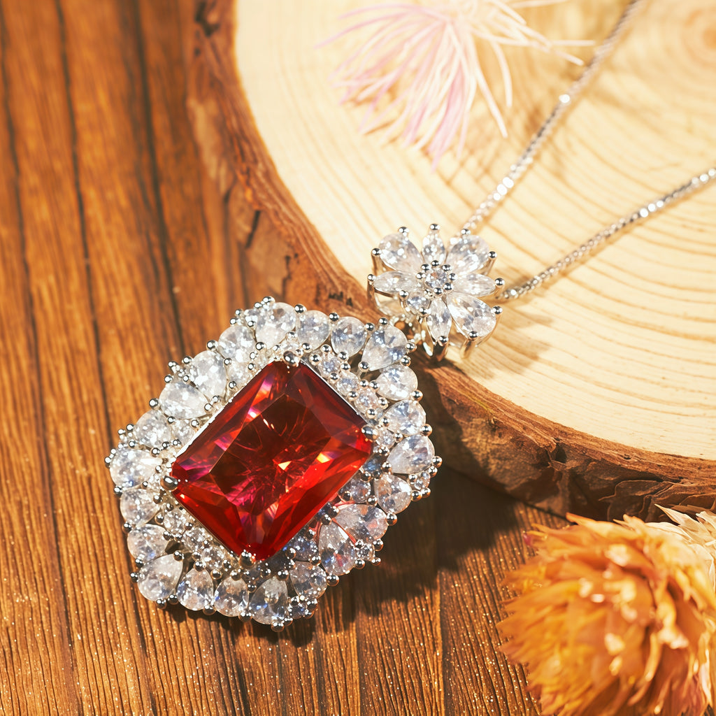1111White Gold Plated Cushion Cut Red Ruby CZ Pendant Necklace, Double Halo Clea