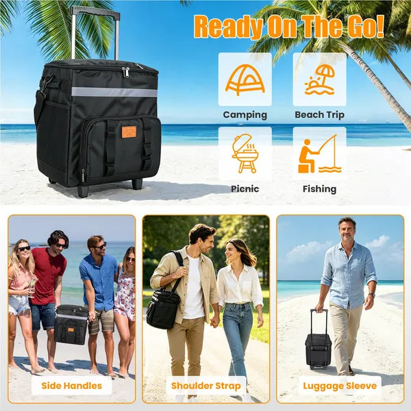 35L Rolling Cooler Bag 2-in-1 Insulated Lunch Backpack With Telescopic Handle Wh