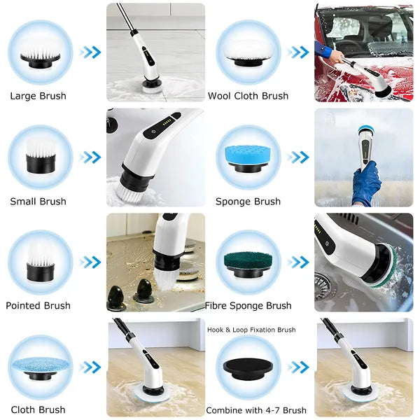 Electric Spin Scrubber Cordless Rechargeable Telescopic Cleaning Brush 8 Replace