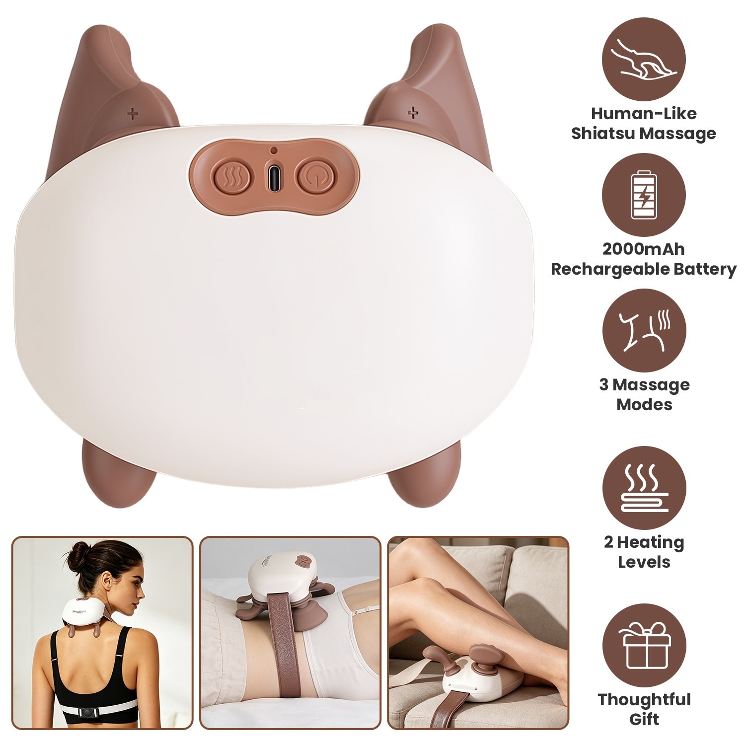 Cordless Shiatsu Neck Massager With Heat, 4 Silicone Massage Nodes, 3 Intensity 