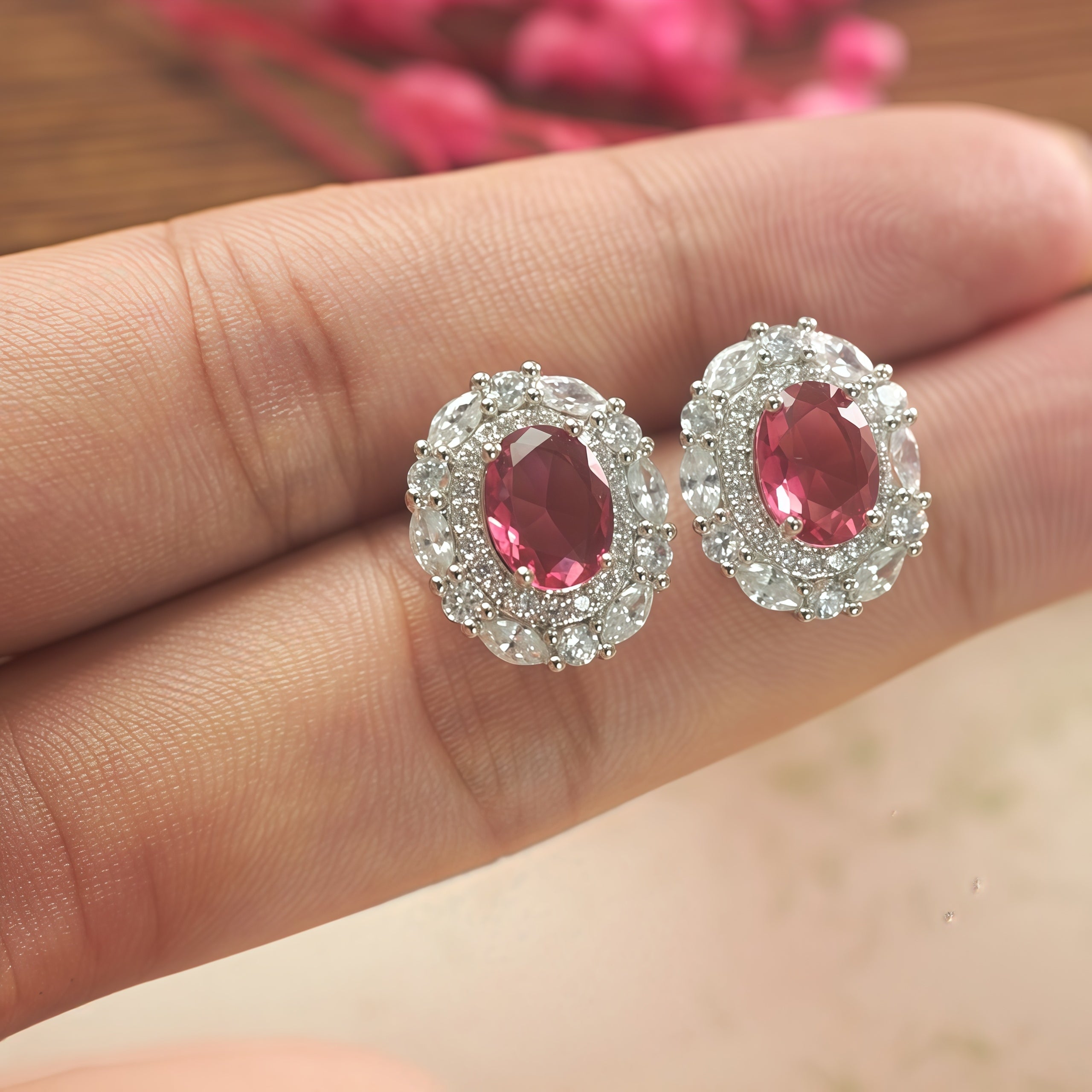 Oval Cut Hot  Ruby CZ Double Halo Stud Earrings For Women, Copper Silver Plated 