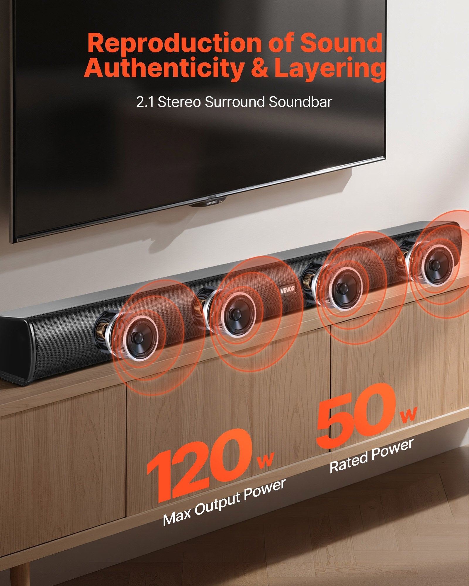 Sound Bar For Smart TV, 2.1 Channel, 35-Inch Compact Soundbar TV Speakers With B