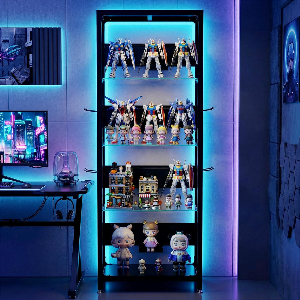4-Tier Glass Display Shelf With RGB Lights, LED Lighted Curio Cabinet With Adjus