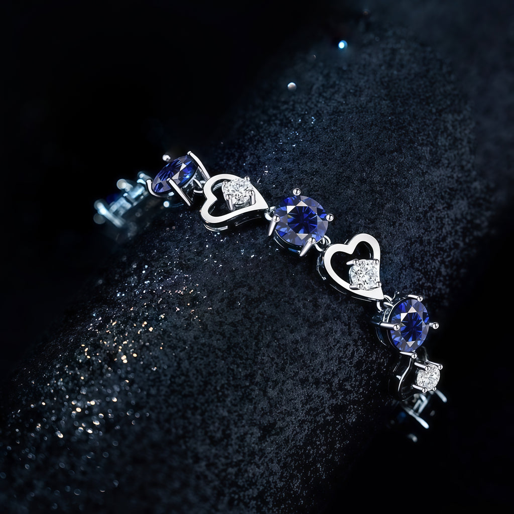 Heart Link Round Blue CZ Tennis Bracelet For Women, Copper Plated Silver With Ad