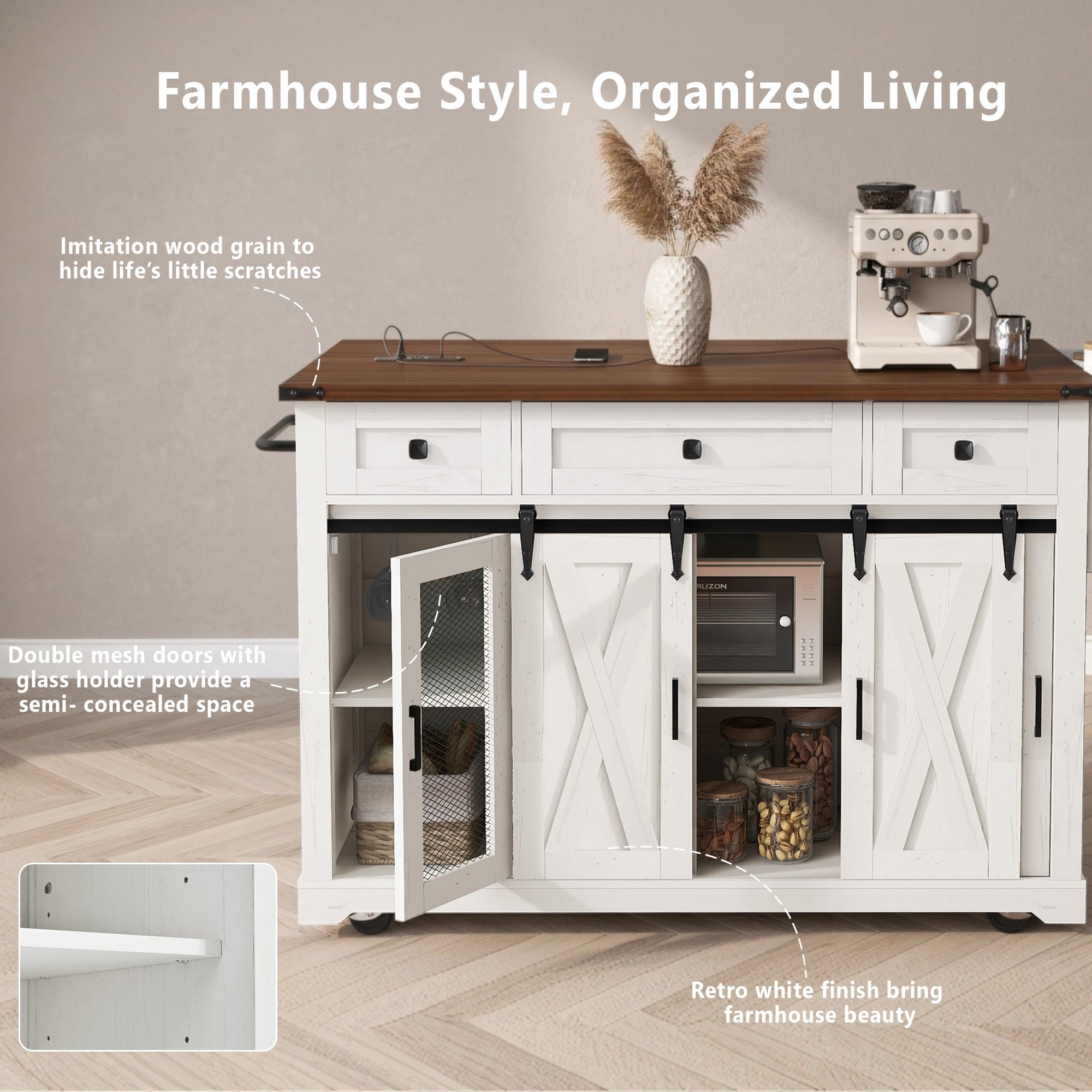 K&K 58 Farmhouse Kitchen Island With Storage,Sliding Barn Door & Metal Grid Side