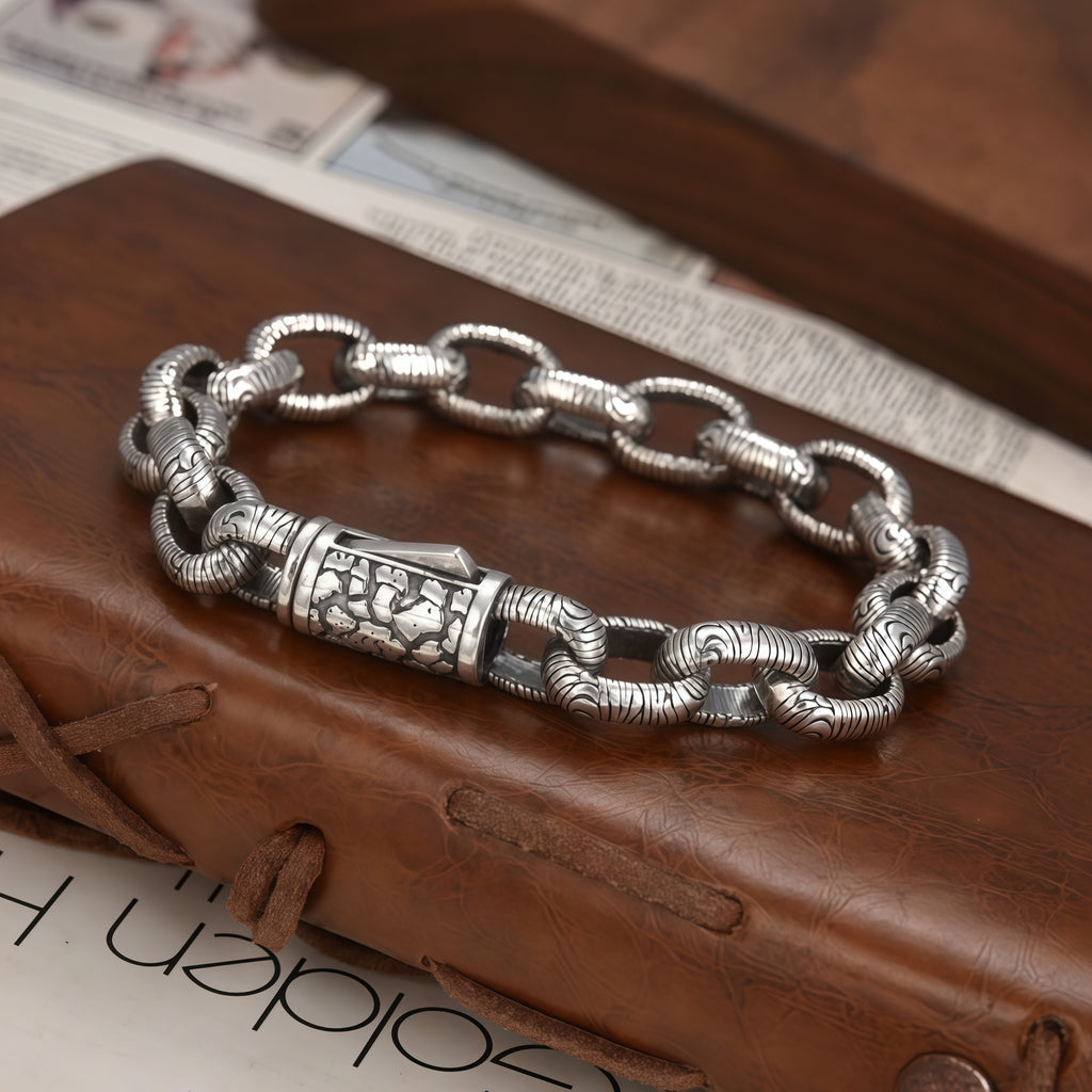 Antique Bark Textured Thick Oval Link Bracelet For Men, Copper Plated Silver Vin