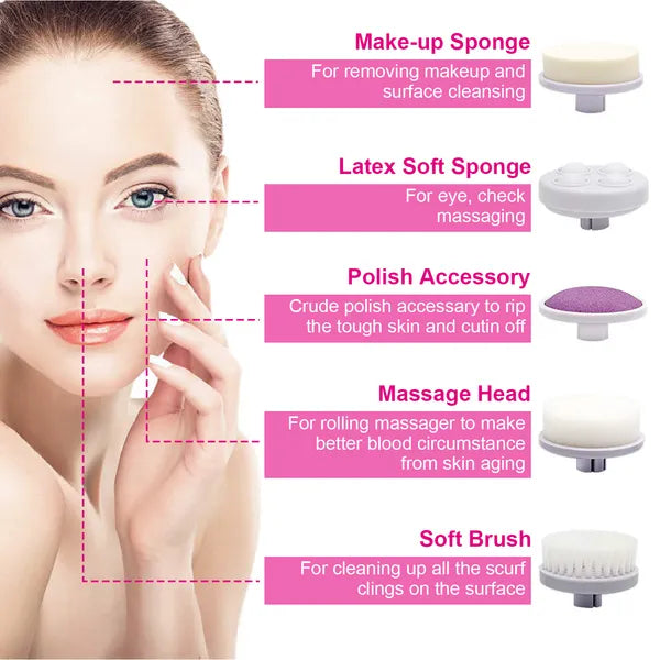Waterproof Facial Cleansing Brush Face Spin Cleaning Brush Scrubber With 5 Brush