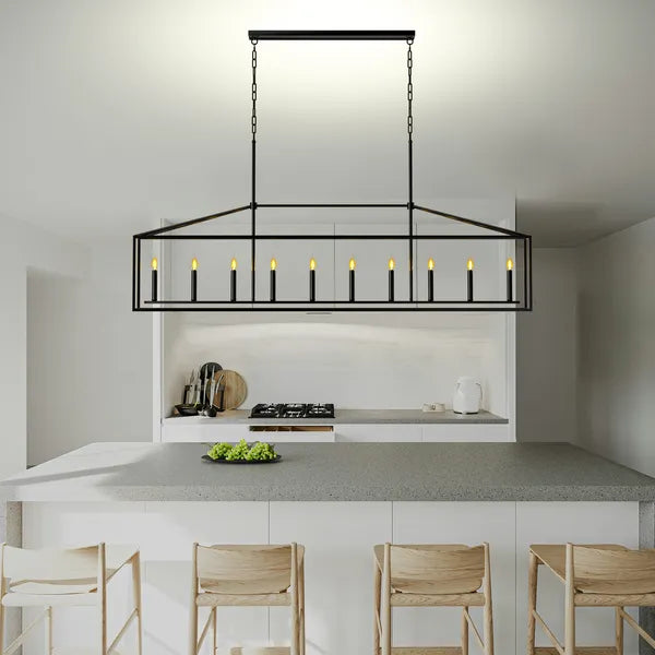 10 Lights Farmhouse Black Chandelier Rectangular Linear Pendant Lighting For Din
