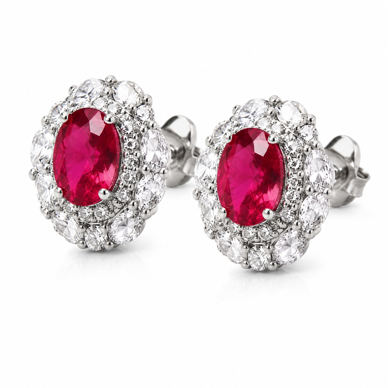 Oval Cut Hot  Ruby CZ Double Halo Stud Earrings For Women, Copper Silver Plated 