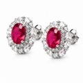 Oval Cut Hot  Ruby CZ Double Halo Stud Earrings For Women, Copper Silver Plated 