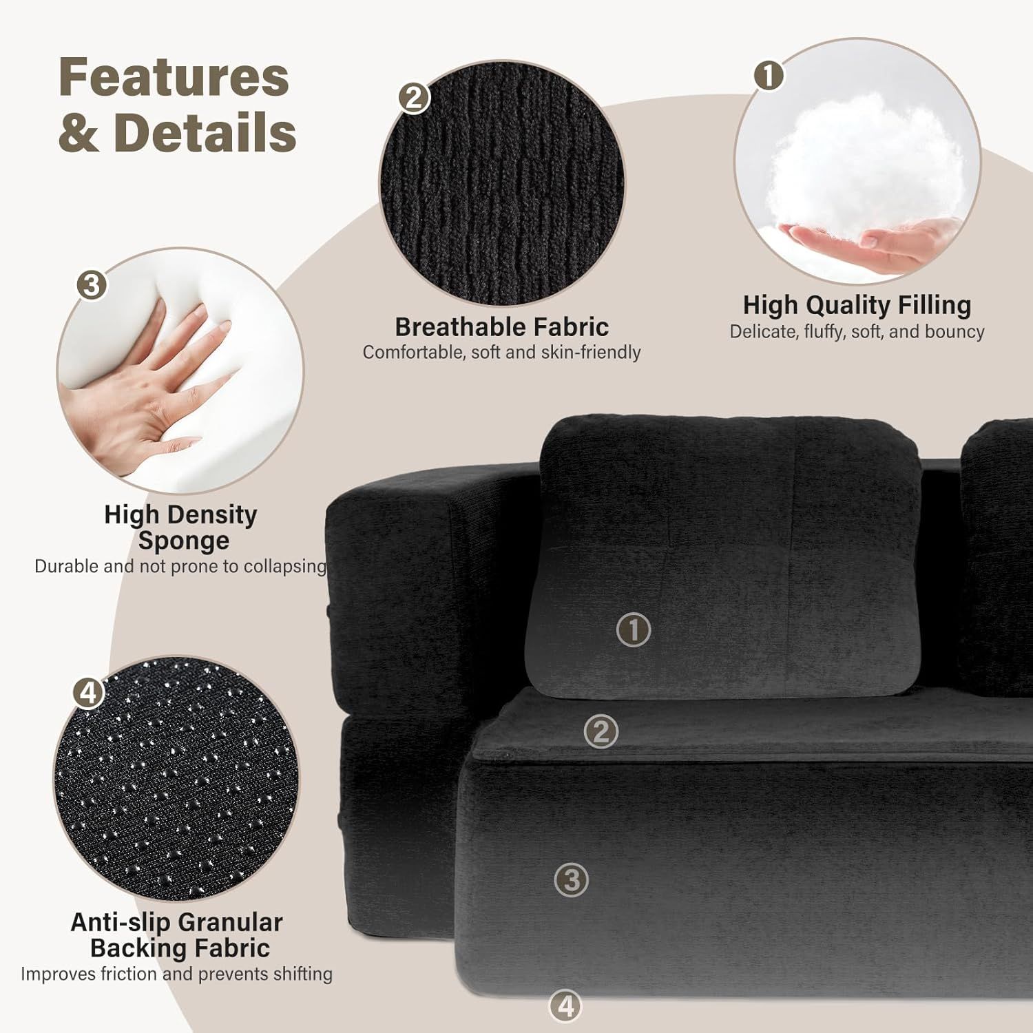 Convertible Sofa Bed With Blanket, Boneless Cloud Couch Queen  Fabric For Living