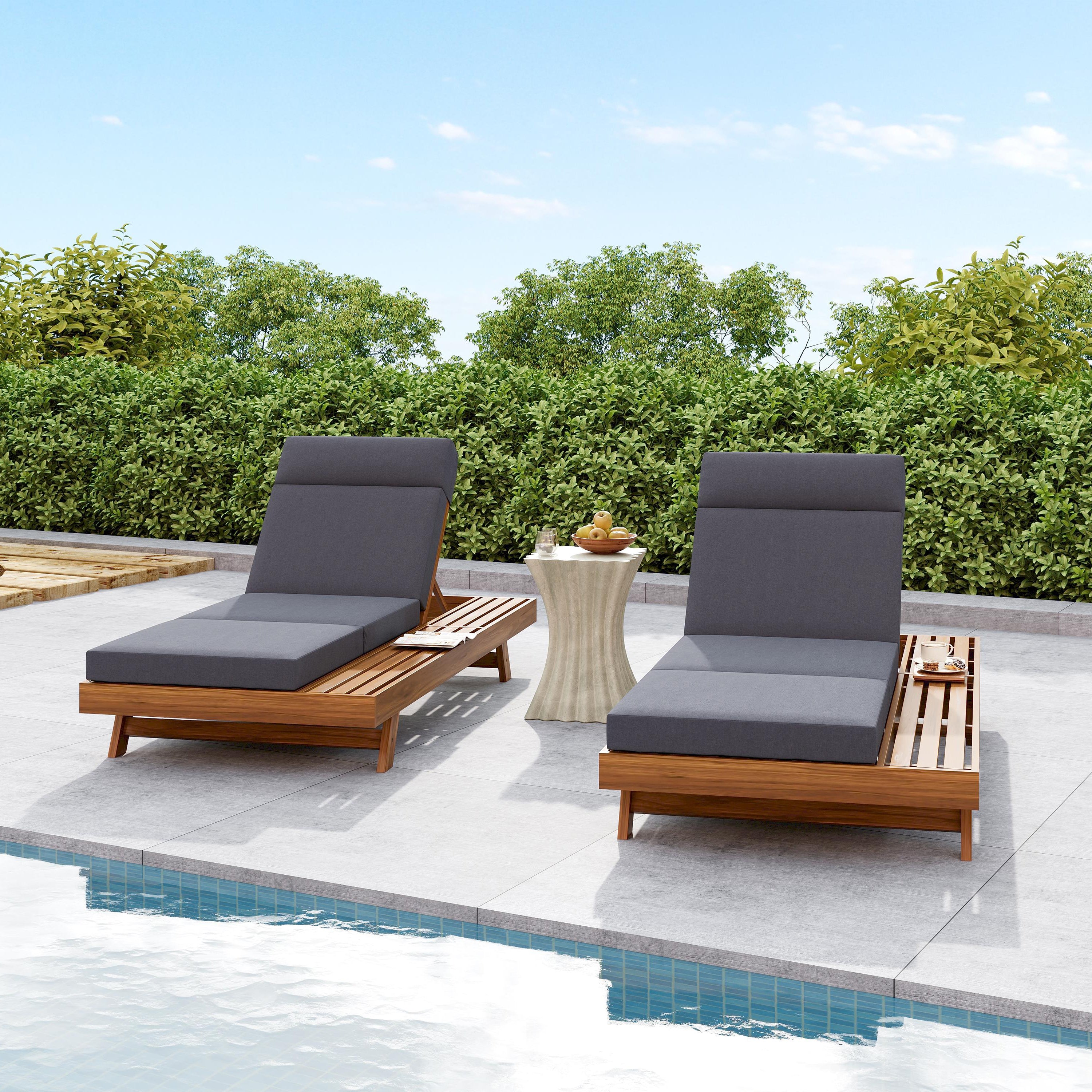 LOUNGE CHAISE SET WITH HEADREST,SPACE AVAILABLE ON ONE SIDE, ACACIA WOOD WITH WA