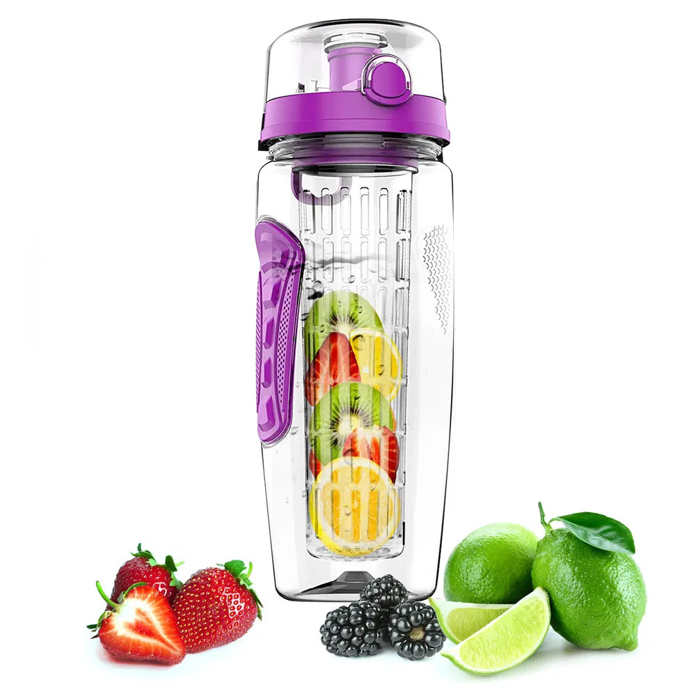 Fruit Infuser Water Bottle 32OZ Juice Shaker Sport W& Flip Top Lid Anti-Slip Gri