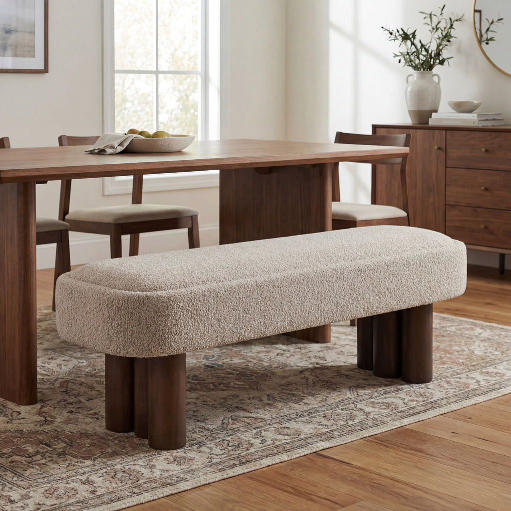 Indoor Khaki Boucle Dining Bench With Walnut Color Legs, 60.04 L Upholstered Sea