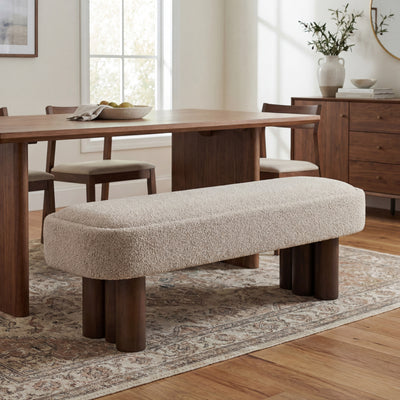 Indoor Khaki Boucle Dining Bench With Walnut Color Legs, 60.04 L Upholstered Seating For Kitchen, Dining Room And Living Space,250lbs Capacity