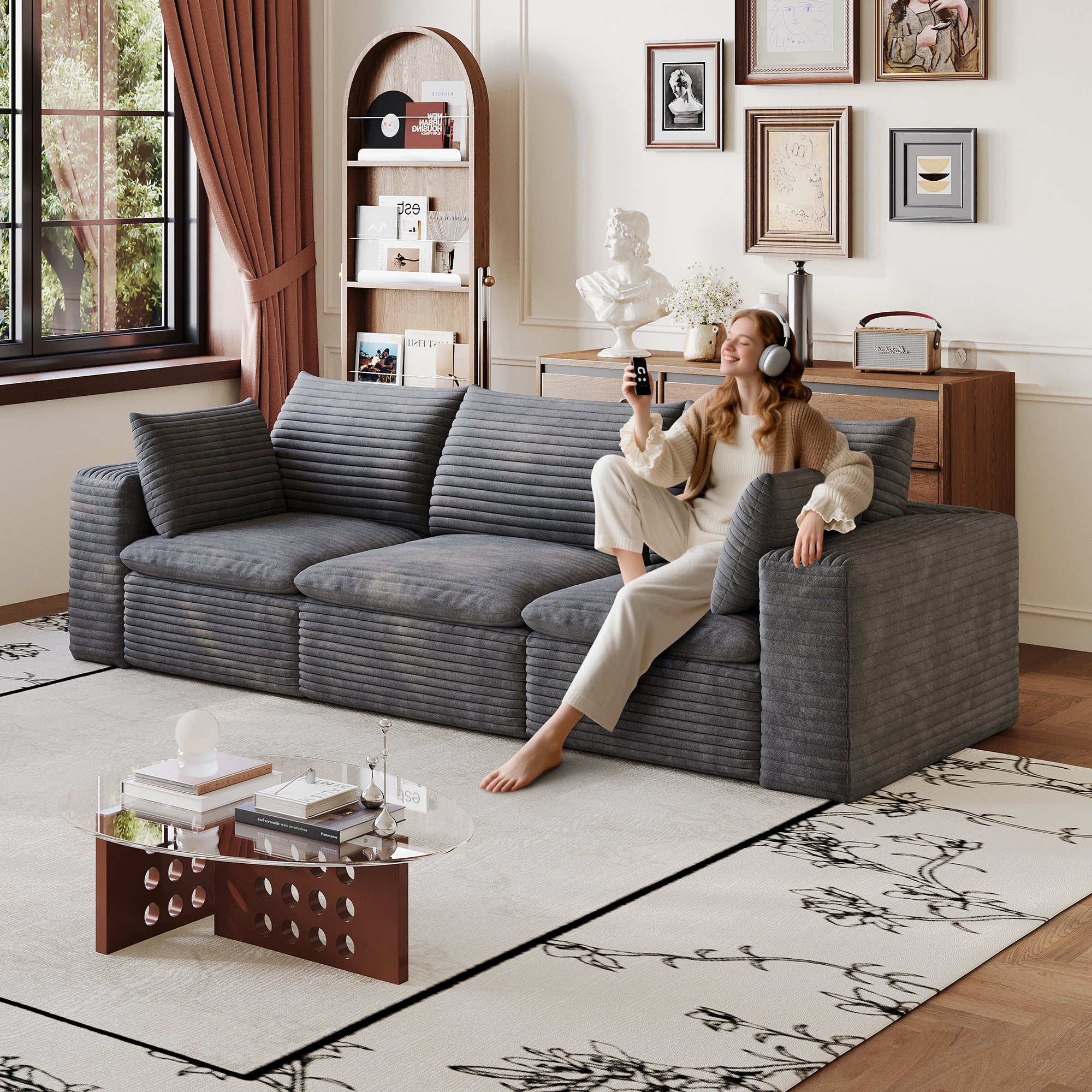 102  Cloud Sofa,Corduroy Fabric,Deep Seat Couches,Double-layer Design,Removable 