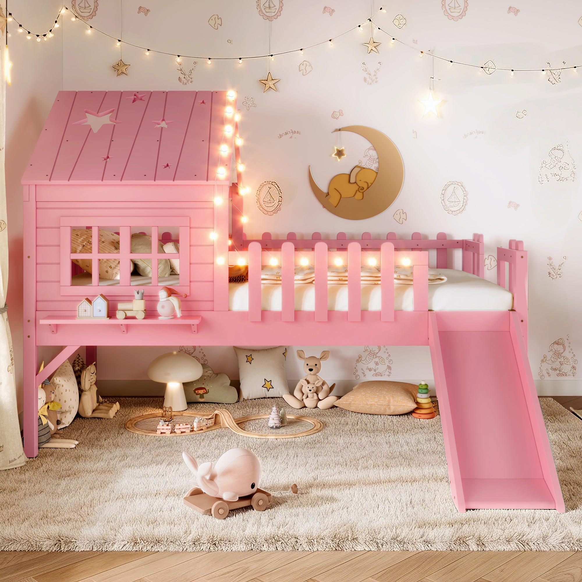 Twin Size House Loft Bed With Slide,Playhouse Bed With Star-shaped Designs And W