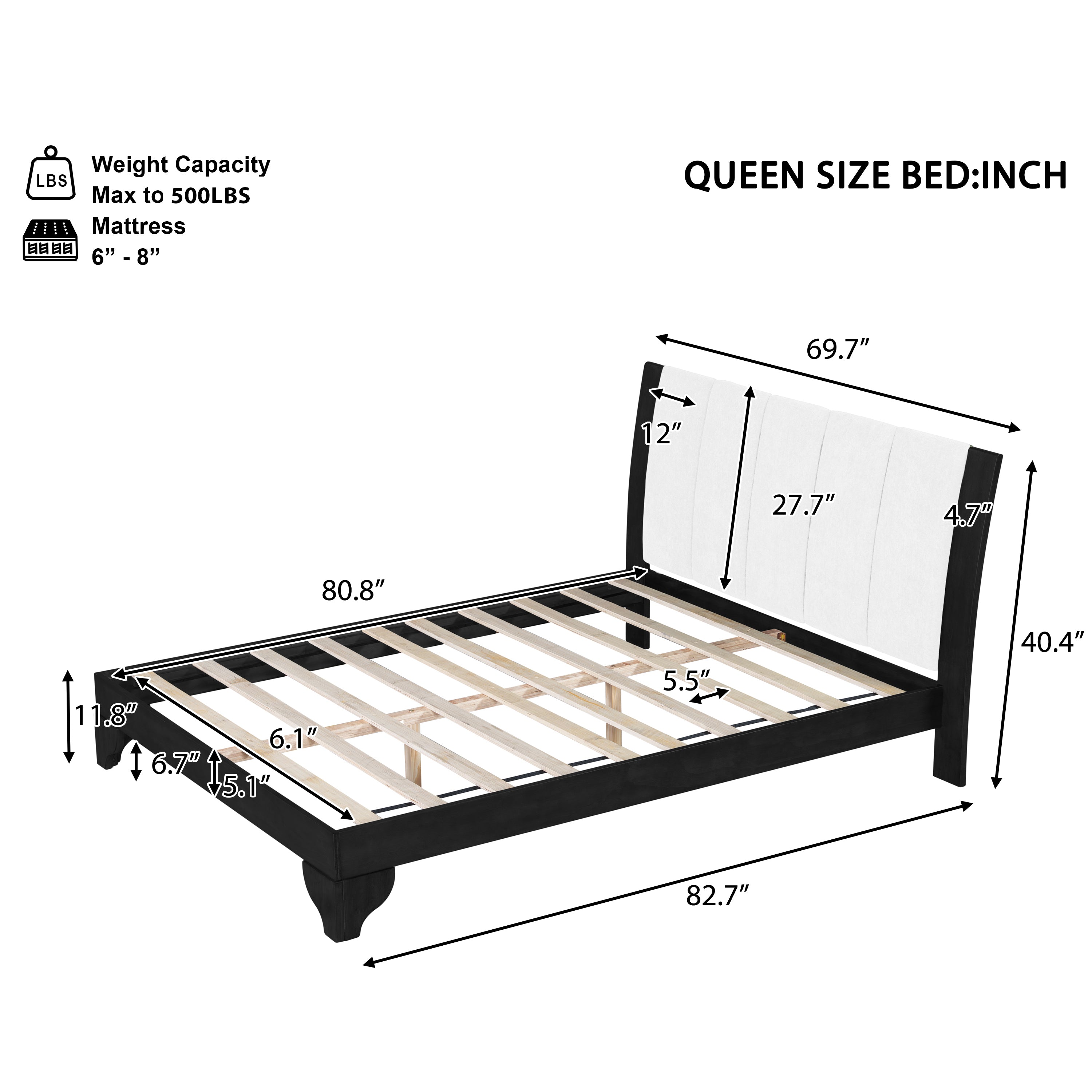 Queen Size Bed Frame Black White Pine Manufactured Wood 82.7x 69.7 6-8 Mattress 