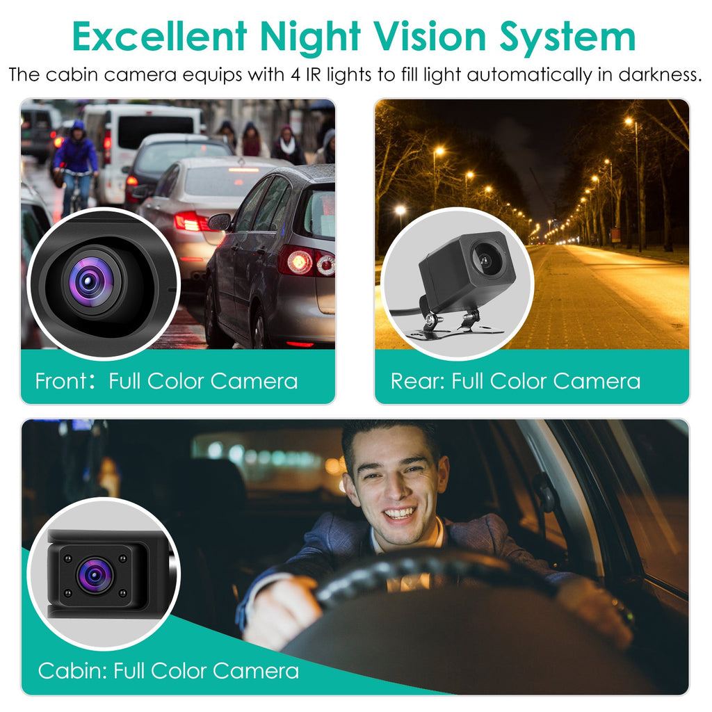 2K Car DVR 3 Channel Dash Cam Camcorder Camera Recorder With 140 Degree Angle GP
