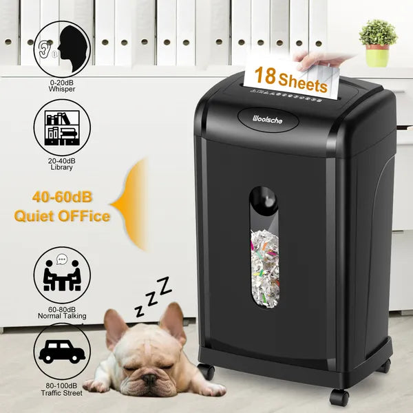 Woolsche Paper Shredder, 18-Sheet Cross Cut With 7.93Gallon Pull Out Bin, P-4 Se