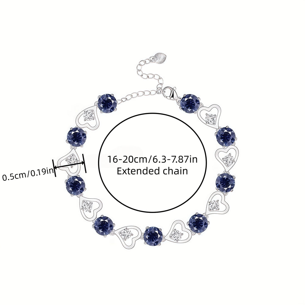 Heart Link Round Blue CZ Tennis Bracelet For Women, Copper Plated Silver With Ad