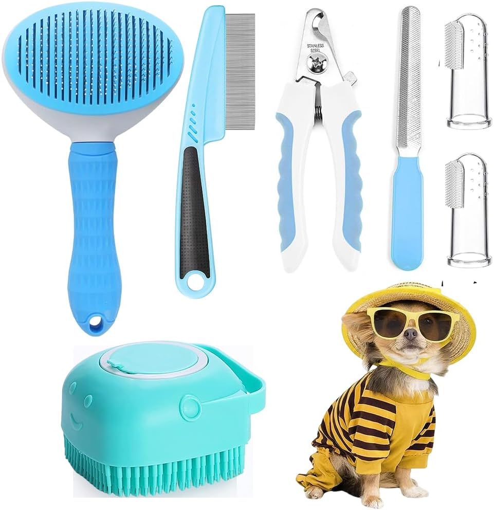 7pcs Pet Grooming Kit, Self-Cleaning Brush Shedding Kit With Nail Clipper, Flea 