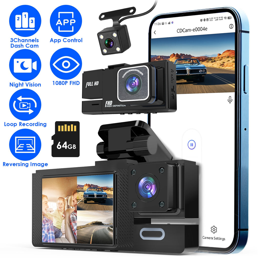 1Pc WiFi FHD 1080P Car Dash Cam 3 Channels Front Rear Inside Dash Camera With Lo