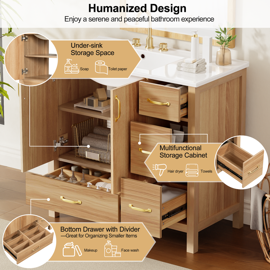 36  Wood Bathroom Vanity With Solid Wood Frame, 2 Soft Close Doors, 4Soft Close 
