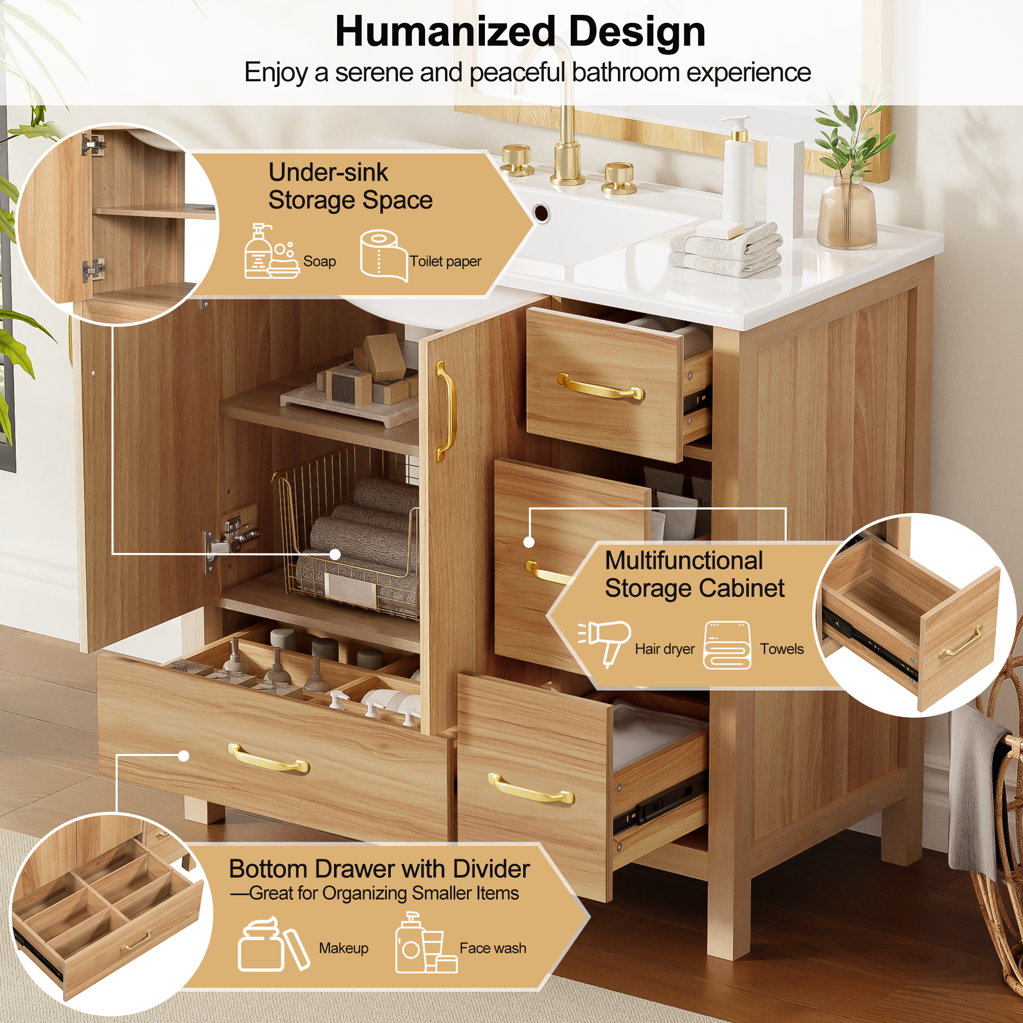 36  Wood Bathroom Vanity With Solid Wood Frame, 2 Soft Close Doors, 4Soft Close 