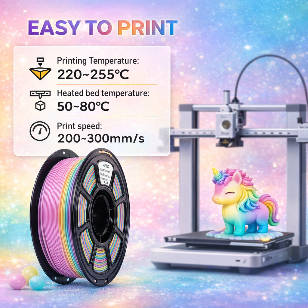 PETG Rainbow Filament 1.75mm, 3D Printer Filament 1kg Spool, Multicolor Silk Rai