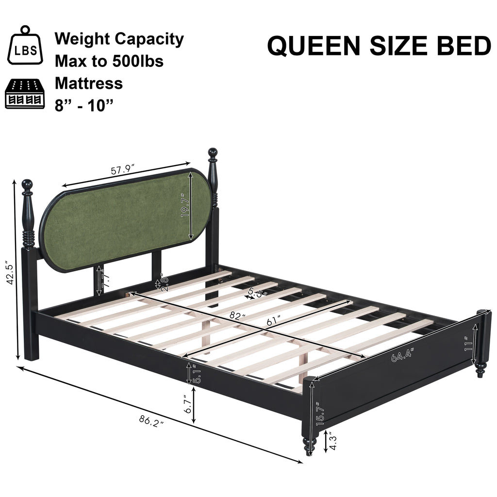 Queen Bed Frame, Solid Wood Platform With Slats, Green & Black Upholstered Headb