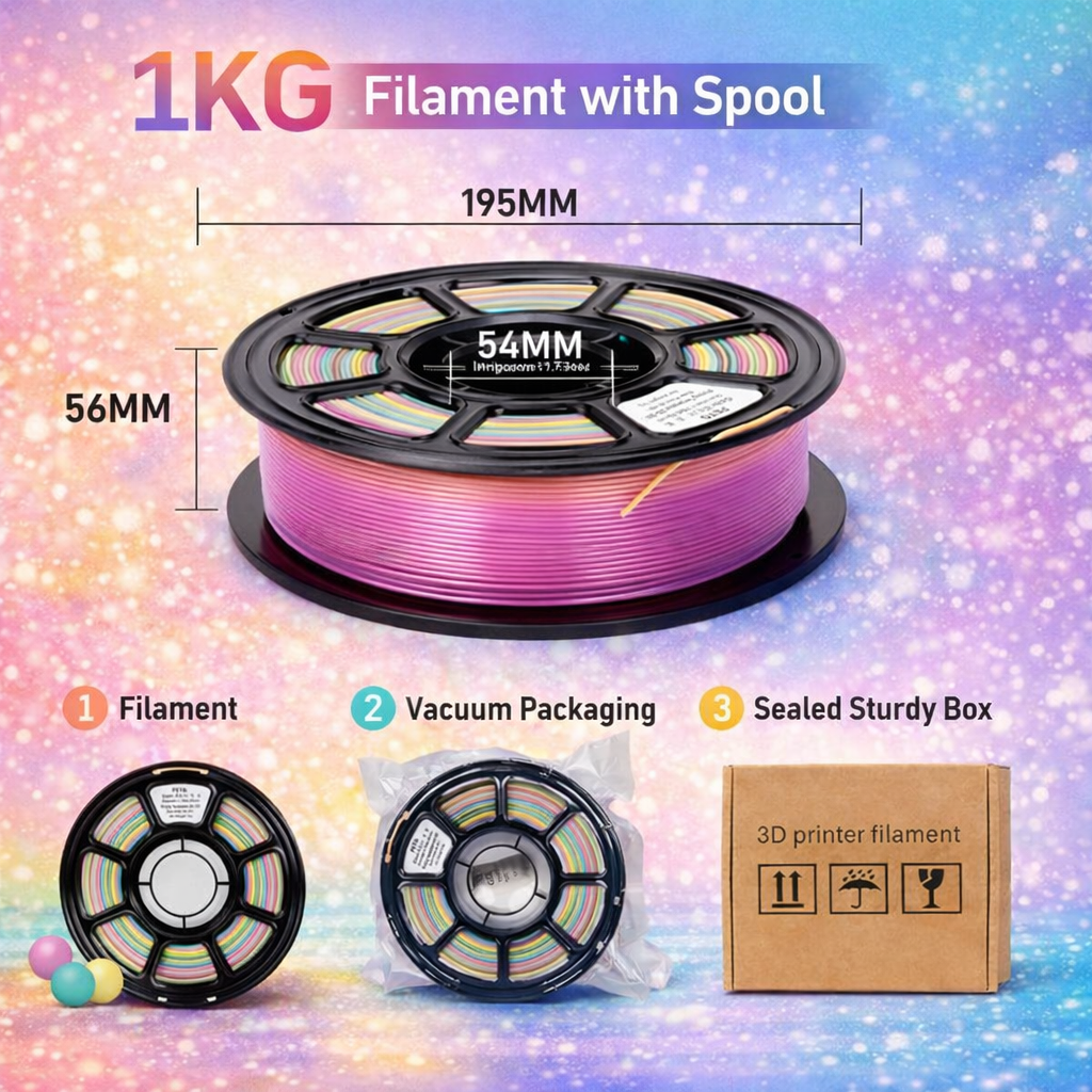 PETG Rainbow Filament 1.75mm, 3D Printer Filament 1kg Spool, Multicolor Silk Rai