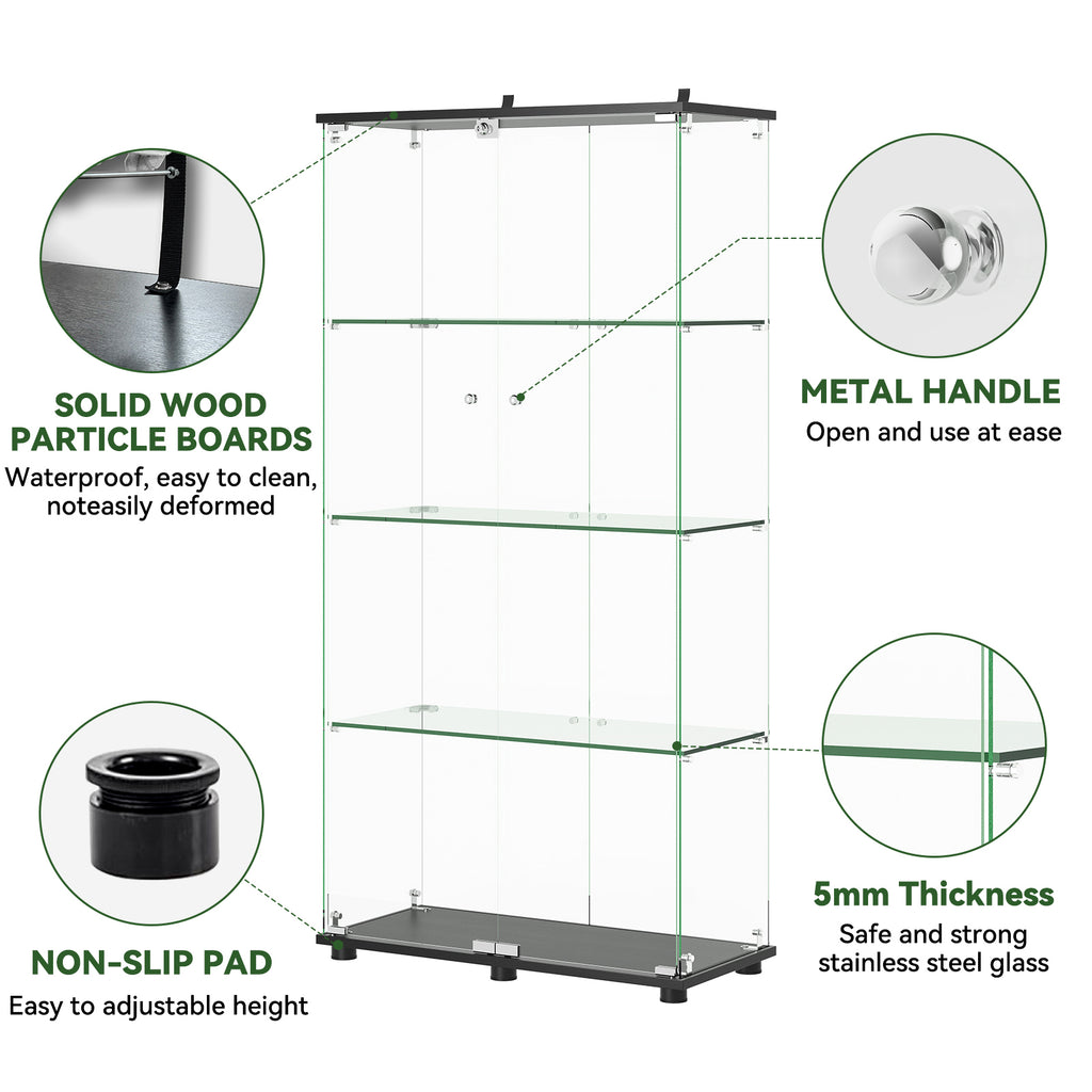 Glass Display Cabinet With 4-Shelf Double Doors And Lock, Curio Cabinet 5mm Temp