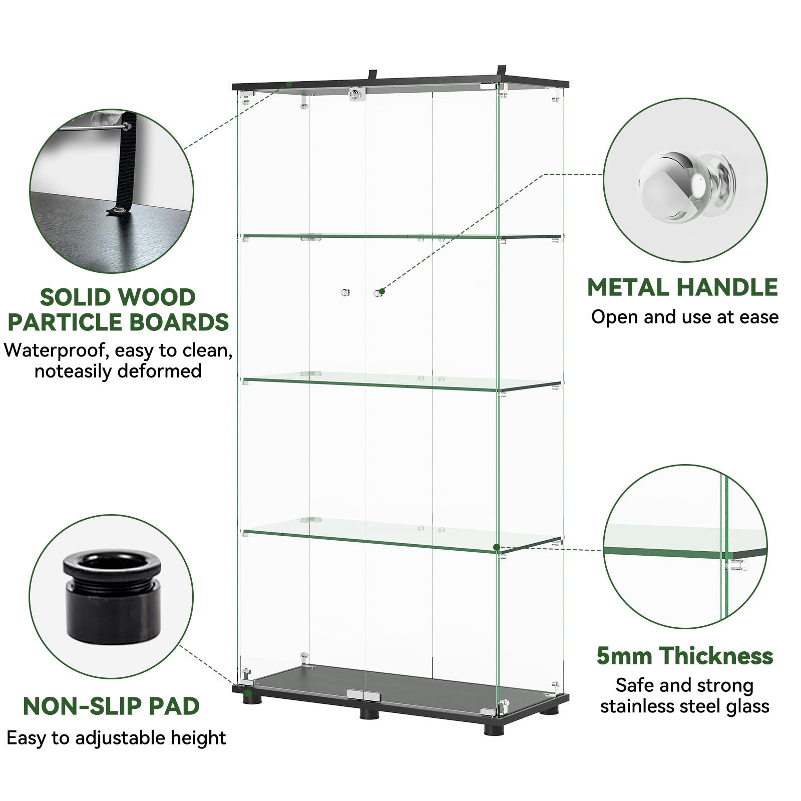 Glass Display Cabinet With 4-Shelf Double Doors And Lock, Curio Cabinet 5mm Temp