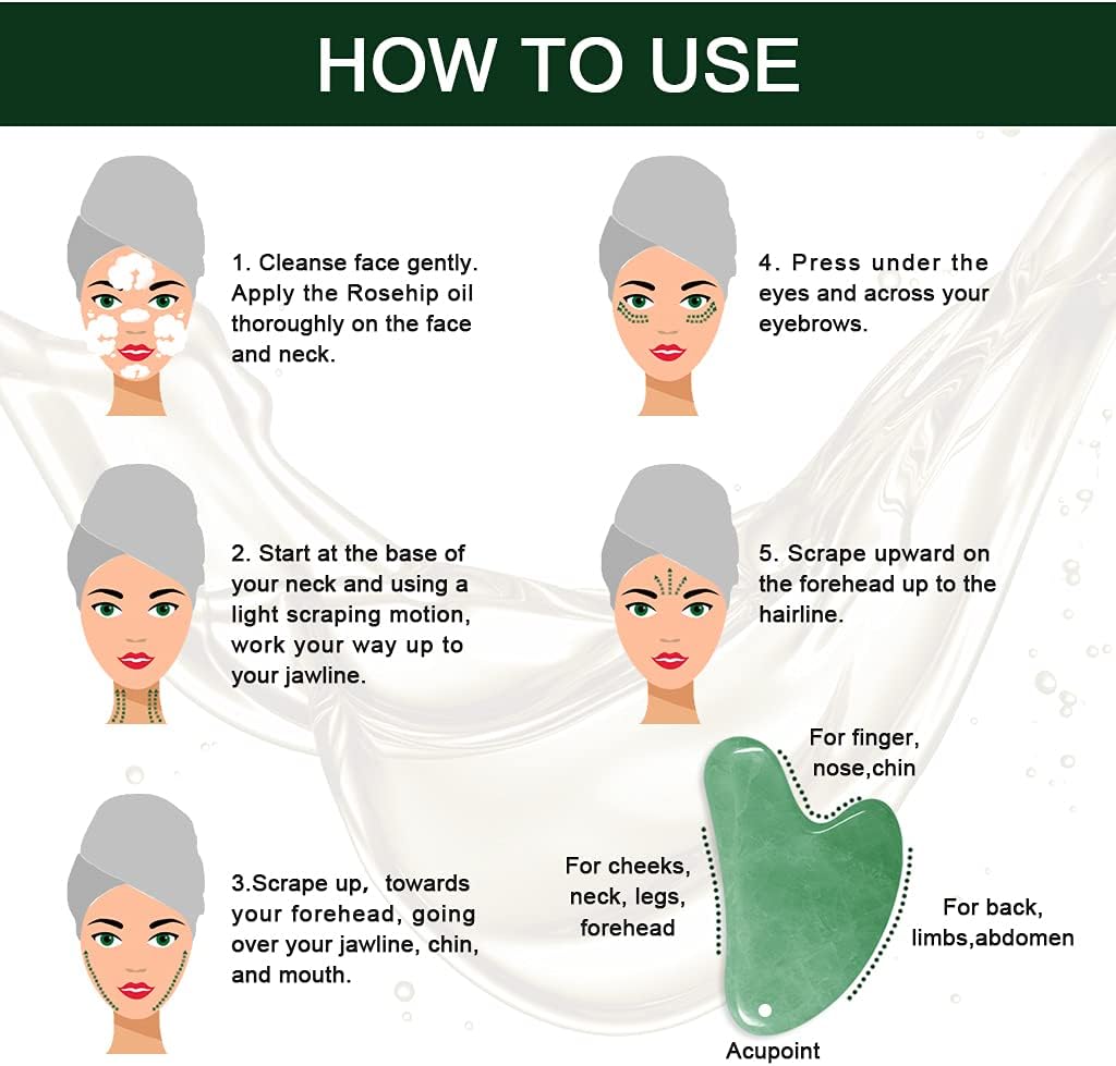Gua Sha Massage Tools & Rosehip Oil In One Set, Nature Jade Stone Facial Gua Sha