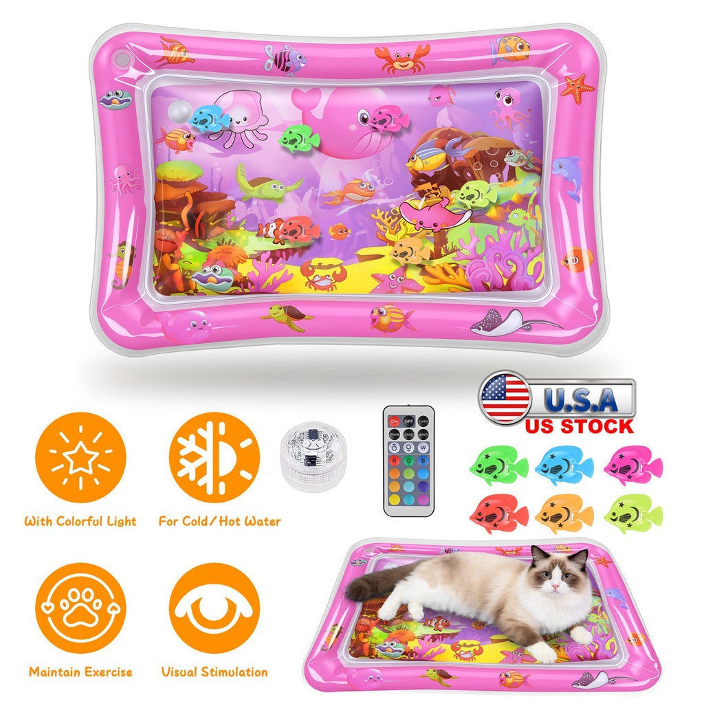 Cat Water Mat Interactive Sensory Play Mat With Floating Fish Toys LED Color Cha