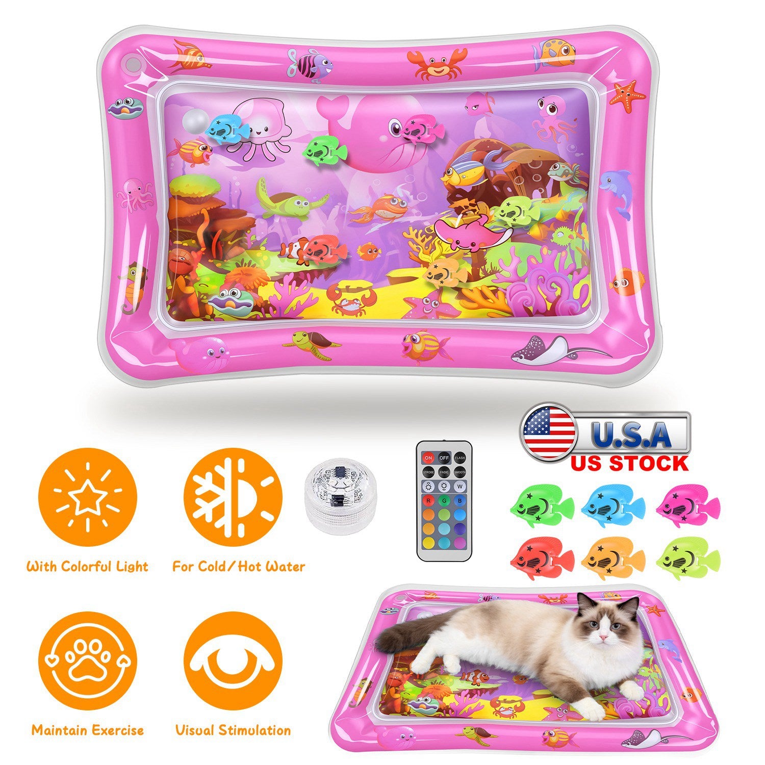 Cat Water Mat Interactive Sensory Play Mat With Floating Fish Toys LED Color Cha