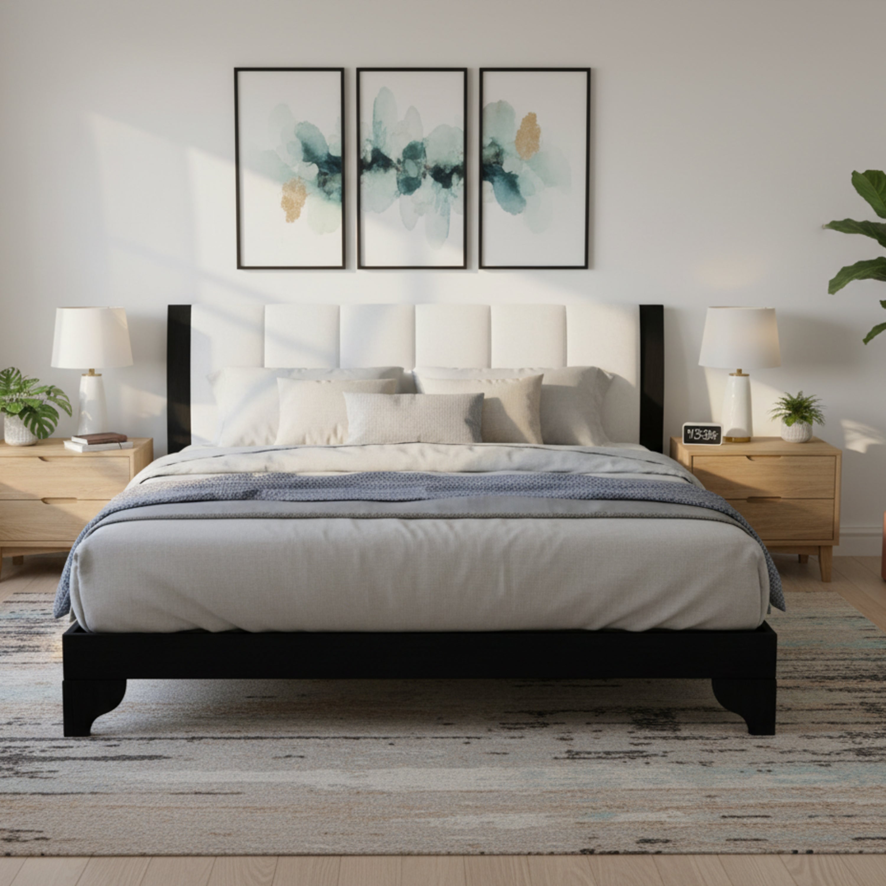 Queen Size Bed Frame Black White Pine Manufactured Wood 82.7x 69.7 6-8 Mattress 