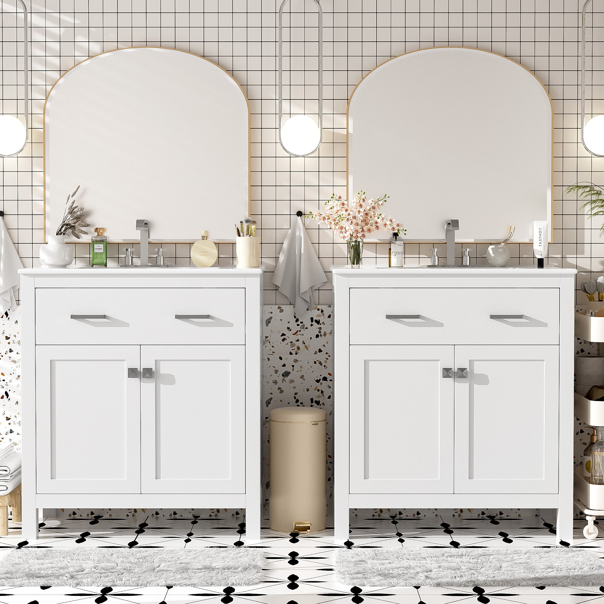 60  Modern White Bathroom Vanity Set With Double Vanities  Separate , Double Cer