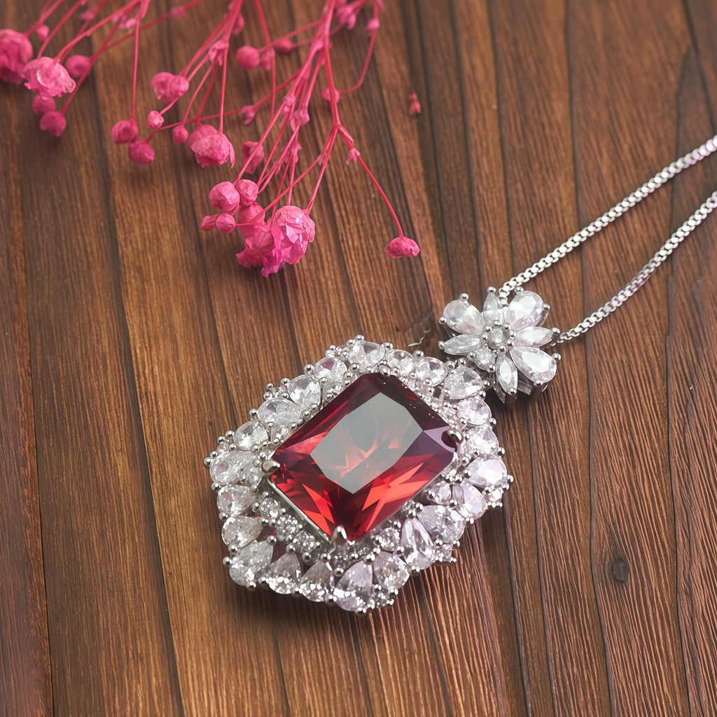 1111White Gold Plated Cushion Cut Red Ruby CZ Pendant Necklace, Double Halo Clea