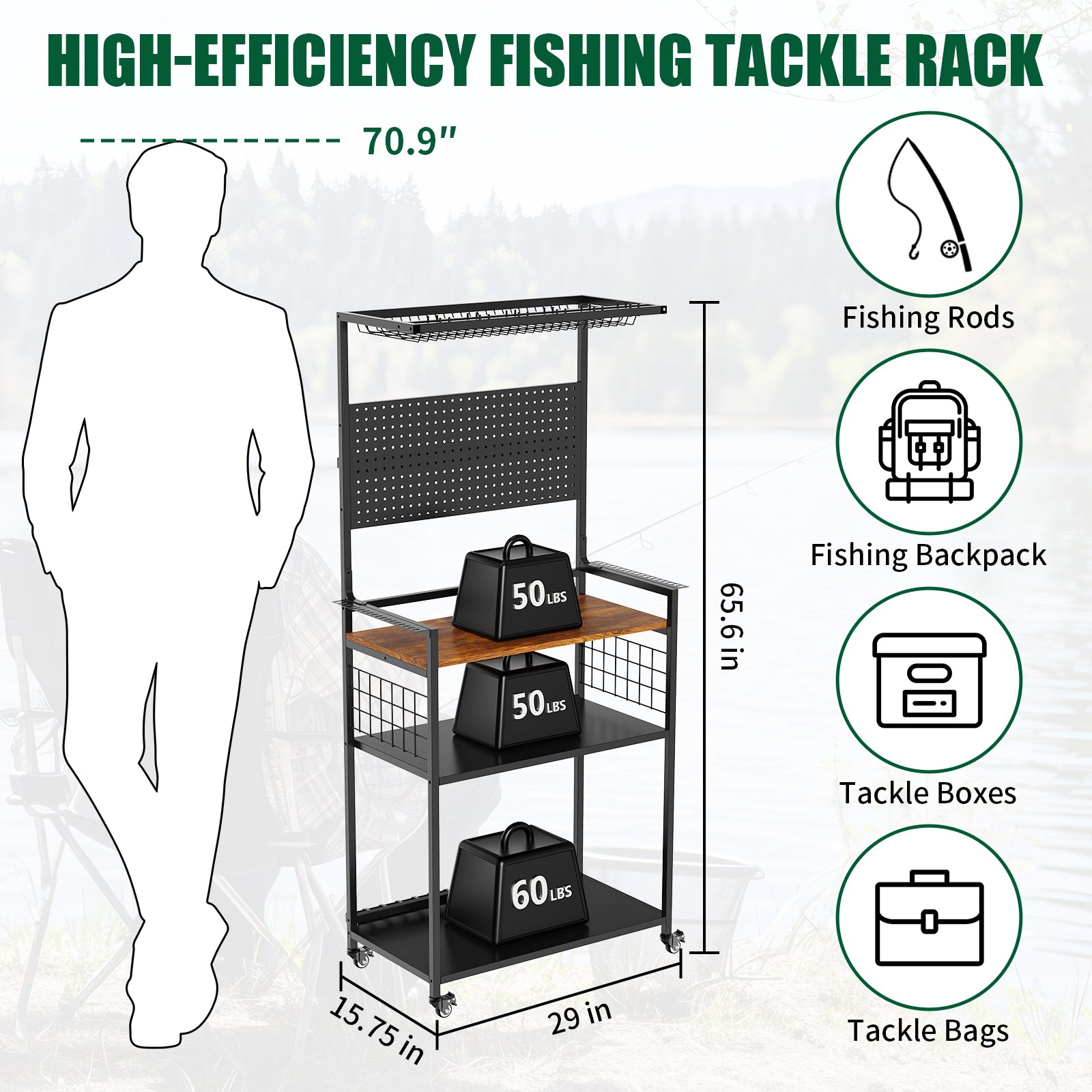 Fishing Rod Storage Rack With Pegboard, Rolling Tackle Organizer Cart, Multi-Tie