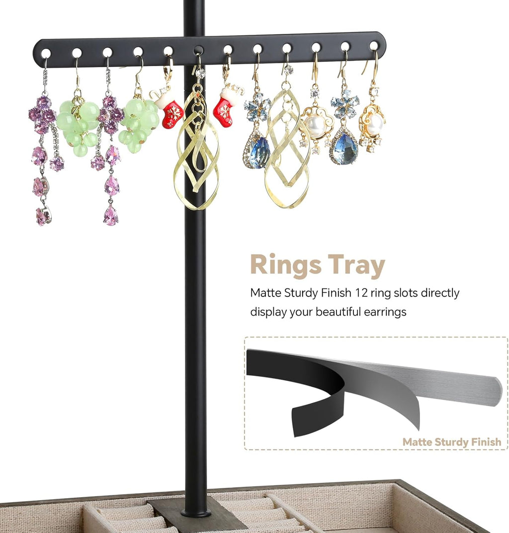 Jewelry Organizer Stand, 3-Tier Necklace Holder Jewelry Tree with Wooden Storage Drawer Box for Necklace Bracelet Earring Ring, Walnut